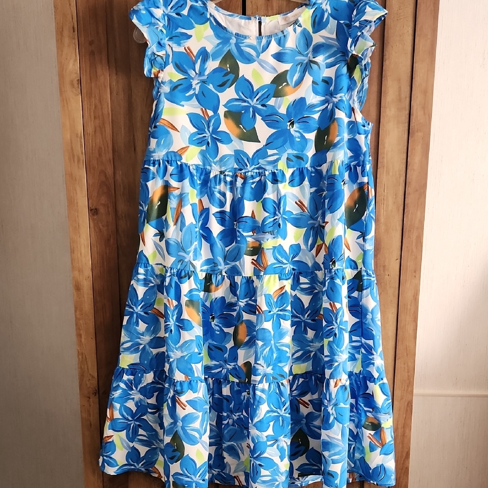 Blue Floral Hawaiian Tropical Tiered Midi Dress with Flutter/Ruffle Sleeves